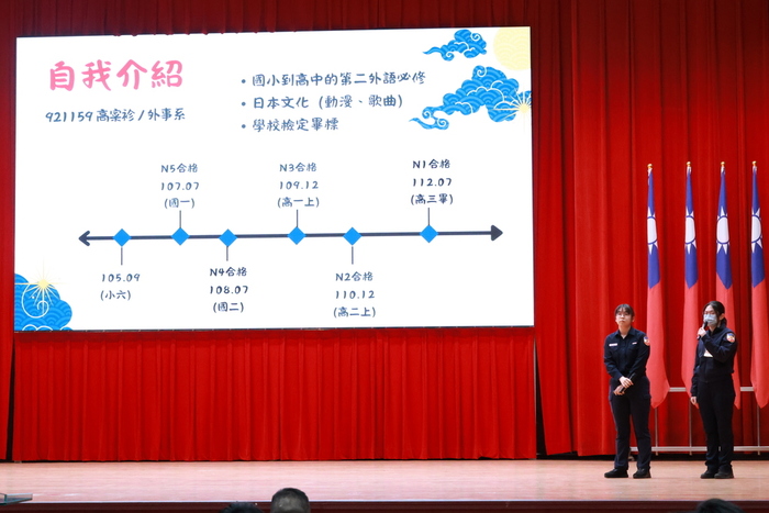 91期1隊學生藍元汝及92期1隊學生高寀袗進行日文學習經驗分享